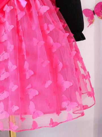 Young Girls Fashion Casual Sweet Elegant Velvet 3D Embroidered Bat Wing Layered Ruffle Mesh Dress