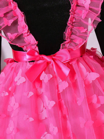 Young Girls Fashion Casual Sweet Elegant Velvet 3D Embroidered Bat Wing Layered Ruffle Mesh Dress