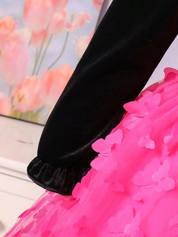 Young Girls Fashion Casual Sweet Elegant Velvet 3D Embroidered Bat Wing Layered Ruffle Mesh Dress