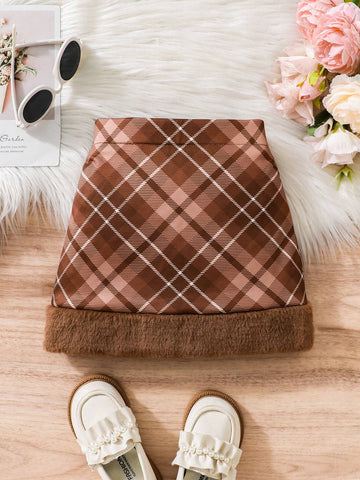 Young Girls Fashion Fluffy Patchwork Plaid Design Versatile A-Line Mini Skirt, Suitable For Daily, Commute And Casual Wear