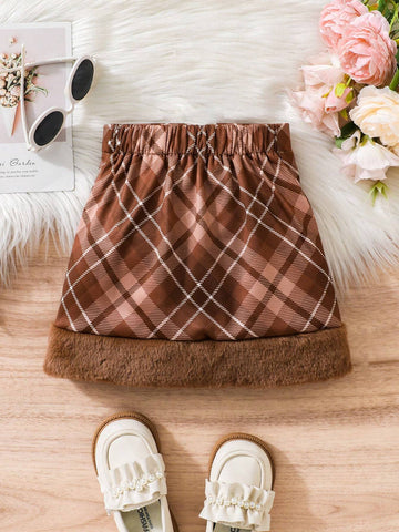 Young Girls Fashion Fluffy Patchwork Plaid Design Versatile A-Line Mini Skirt, Suitable For Daily, Commute And Casual Wear