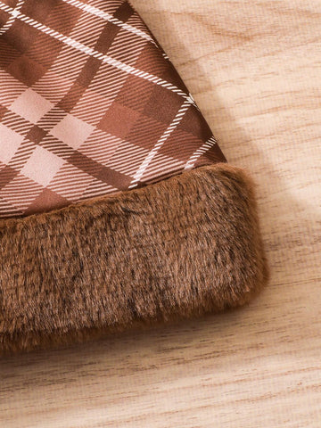 Young Girls Fashion Fluffy Patchwork Plaid Design Versatile A-Line Mini Skirt, Suitable For Daily, Commute And Casual Wear