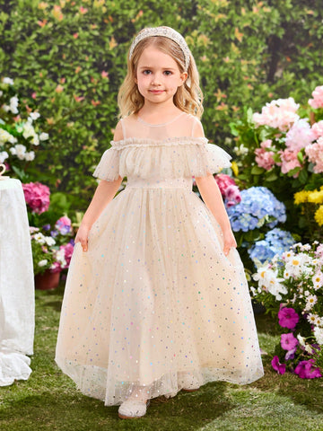 Young Girl's Fashionable, Elegant And Cute Sequin & Mesh Party Dress