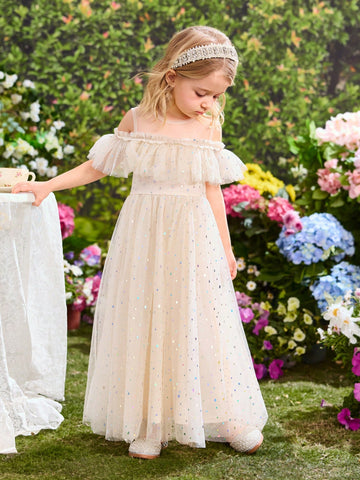 Young Girl's Fashionable, Elegant And Cute Sequin & Mesh Party Dress