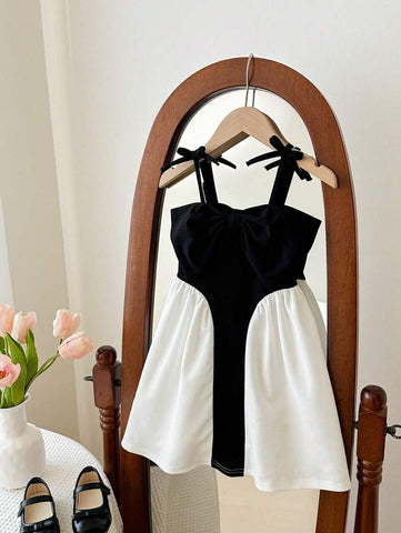Young Girls' Fashionable Elegant Classic Black Spaghetti Strap Bow Decor Contrast Color Hem Party Dress