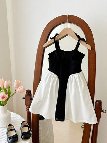 Young Girls' Fashionable Elegant Classic Black Spaghetti Strap Bow Decor Contrast Color Hem Party Dress