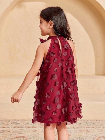 Young Girl's Fashionable Elegant Stand Collar Mesh Cutout Loose Casual Dress