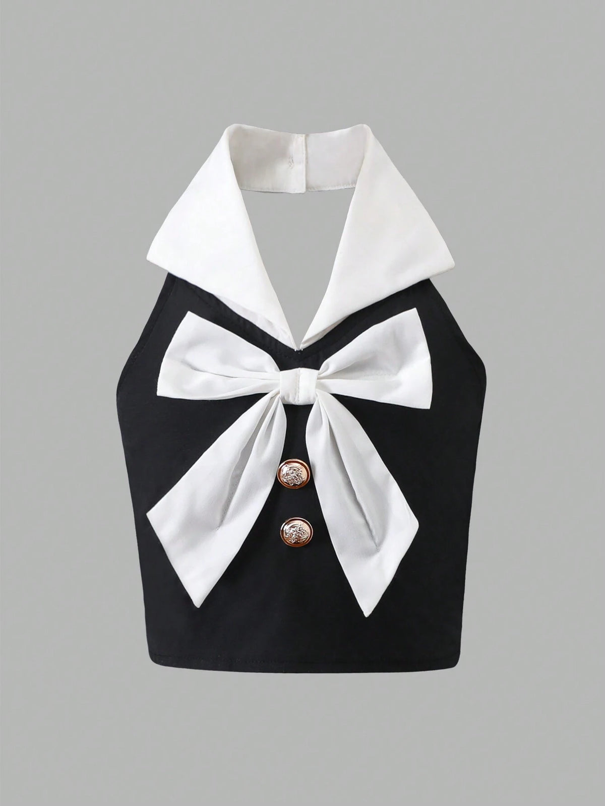 Young Girls Fashionable Shirt With Metal Buttons And Large Bow Tie, Formal Wear