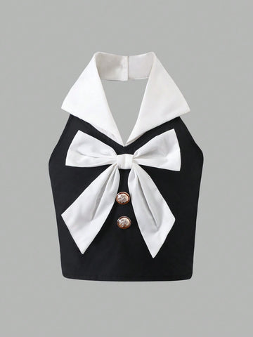 Young Girls Fashionable Shirt With Metal Buttons And Large Bow Tie, Formal Wear