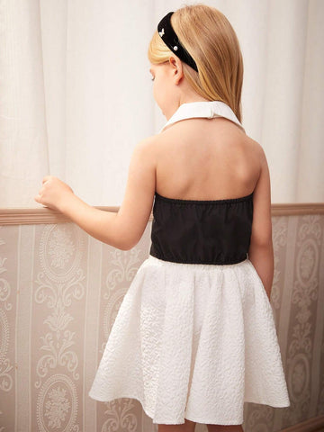 Young Girls Fashionable Shirt With Metal Buttons And Large Bow Tie, Formal Wear