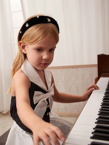 Young Girls Fashionable Shirt With Metal Buttons And Large Bow Tie, Formal Wear