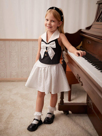 Young Girls Fashionable Shirt With Metal Buttons And Large Bow Tie, Formal Wear
