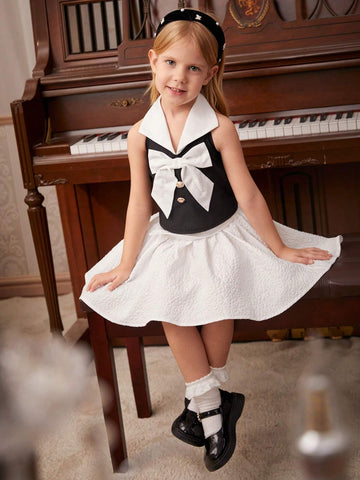 Young Girls Fashionable Shirt With Metal Buttons And Large Bow Tie, Formal Wear