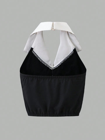 Young Girls Fashionable Shirt With Metal Buttons And Large Bow Tie, Formal Wear