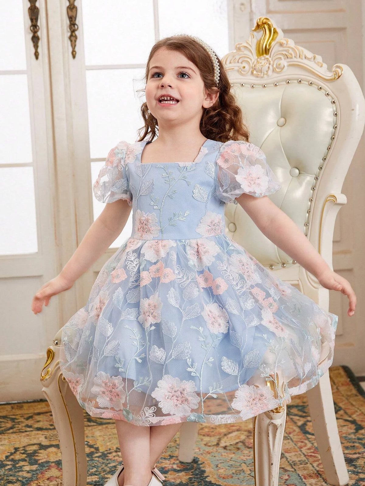 Young Girls Floral Embroidery Puff Sleeve Mesh Overlay Party Dress