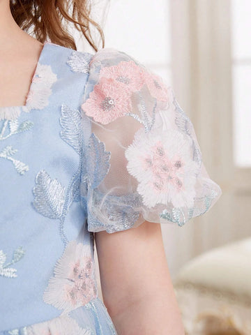 Young Girls Floral Embroidery Puff Sleeve Mesh Overlay Party Dress