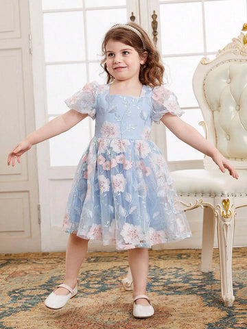 Young Girls Floral Embroidery Puff Sleeve Mesh Overlay Party Dress