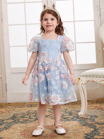 Young Girls Floral Embroidery Puff Sleeve Mesh Overlay Party Dress