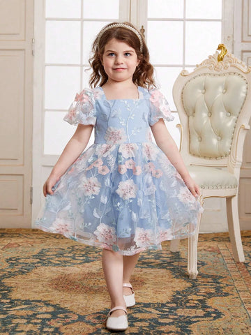 Young Girls Floral Embroidery Puff Sleeve Mesh Overlay Party Dress