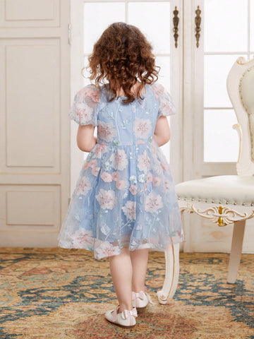 Young Girls Floral Embroidery Puff Sleeve Mesh Overlay Party Dress