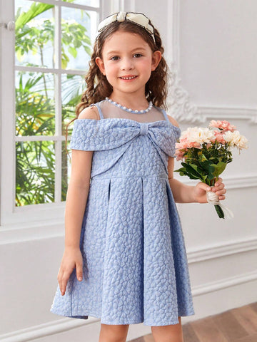 Young Girls Floral Jacquard Bow Front Fold Pleated Party Dress