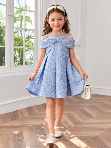 Young Girls Floral Jacquard Bow Front Fold Pleated Party Dress