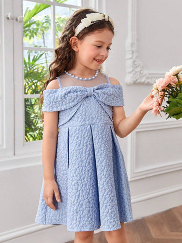 Young Girls Floral Jacquard Bow Front Fold Pleated Party Dress