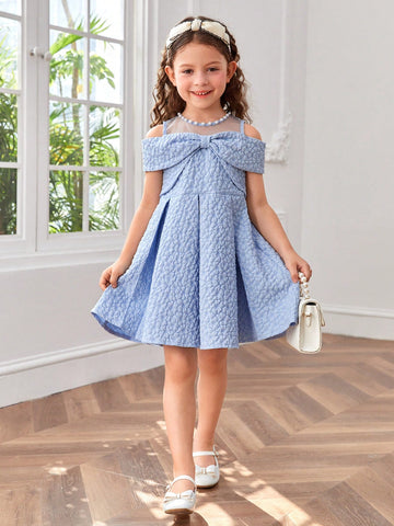 Young Girls Floral Jacquard Bow Front Fold Pleated Party Dress