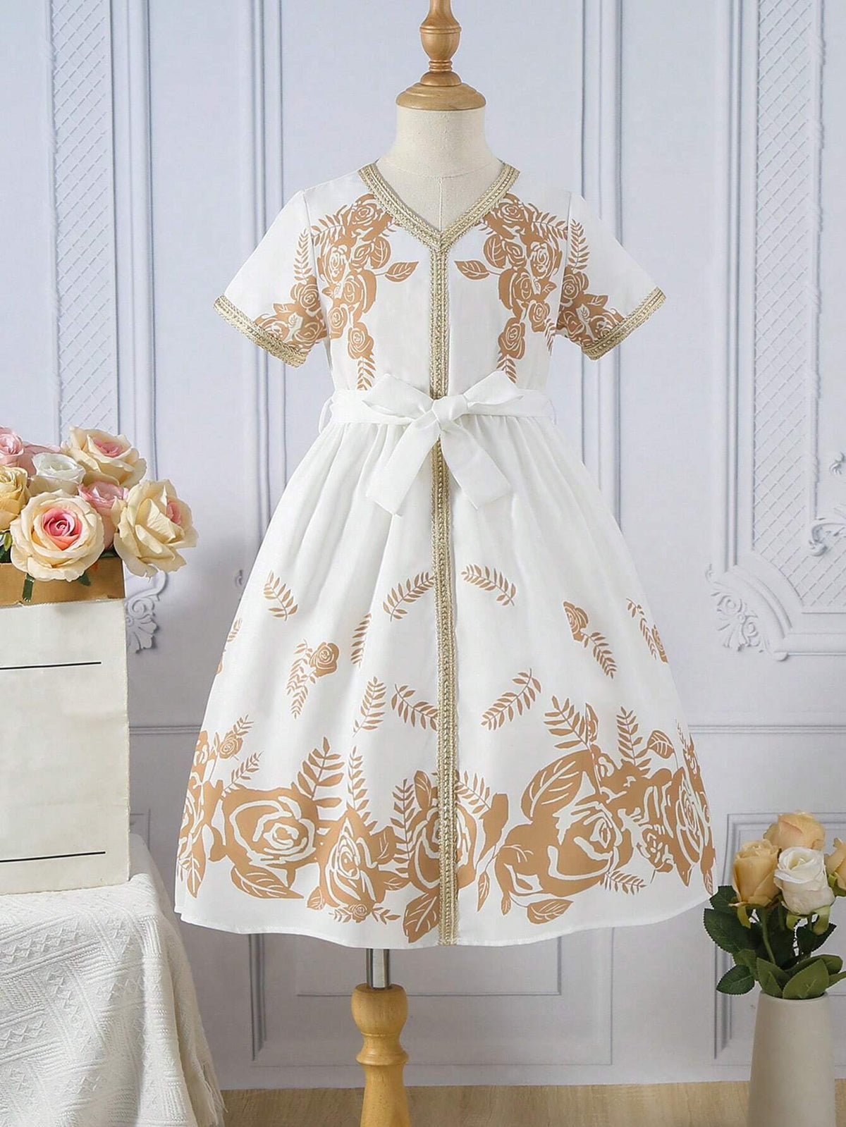 Young Girl's Floral Printed Patchwork Tape Short Sleeve Dress