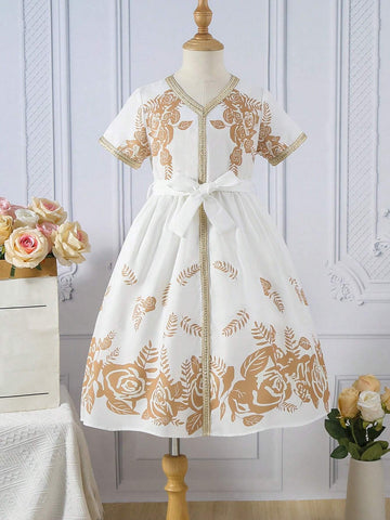 Young Girl's Floral Printed Patchwork Tape Short Sleeve Dress