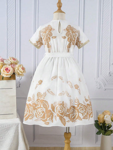 Young Girl's Floral Printed Patchwork Tape Short Sleeve Dress