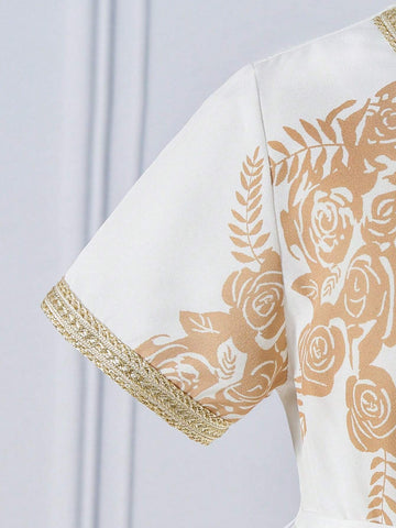 Young Girl's Floral Printed Patchwork Tape Short Sleeve Dress