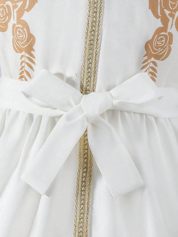 Young Girl's Floral Printed Patchwork Tape Short Sleeve Dress