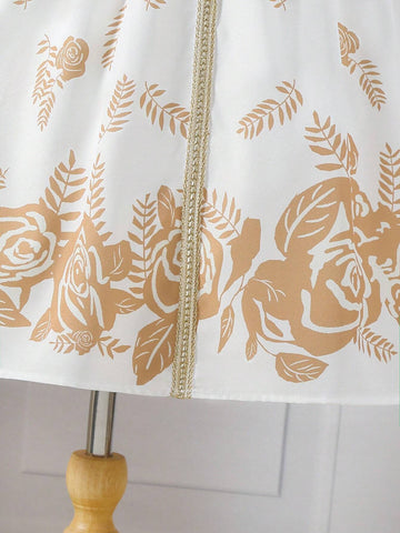 Young Girl's Floral Printed Patchwork Tape Short Sleeve Dress