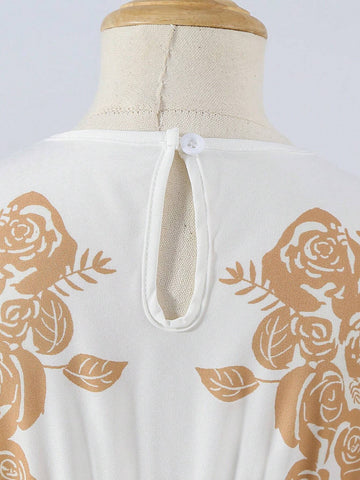 Young Girl's Floral Printed Patchwork Tape Short Sleeve Dress