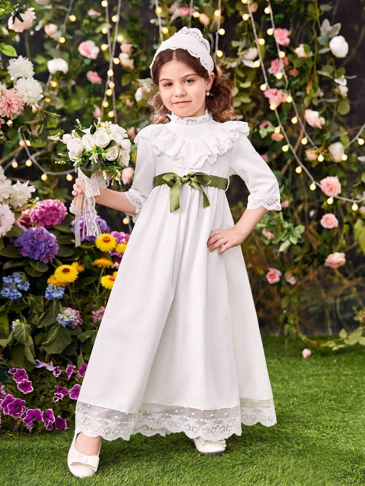 Young Girl's French Style Stand Collar Lace Patchwork Ruffle Hem Dress With Headband Set