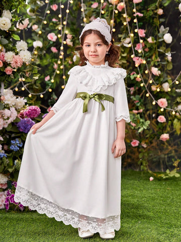 Young Girl's French Style Stand Collar Lace Patchwork Ruffle Hem Dress With Headband Set