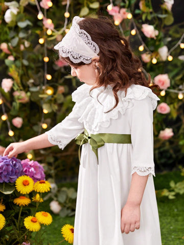 Young Girl's French Style Stand Collar Lace Patchwork Ruffle Hem Dress With Headband Set