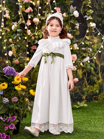 Young Girl's French Style Stand Collar Lace Patchwork Ruffle Hem Dress With Headband Set