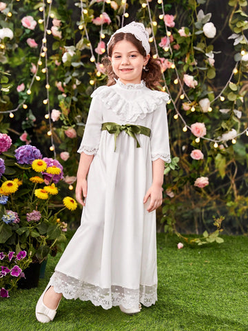 Young Girl's French Style Stand Collar Lace Patchwork Ruffle Hem Dress With Headband Set