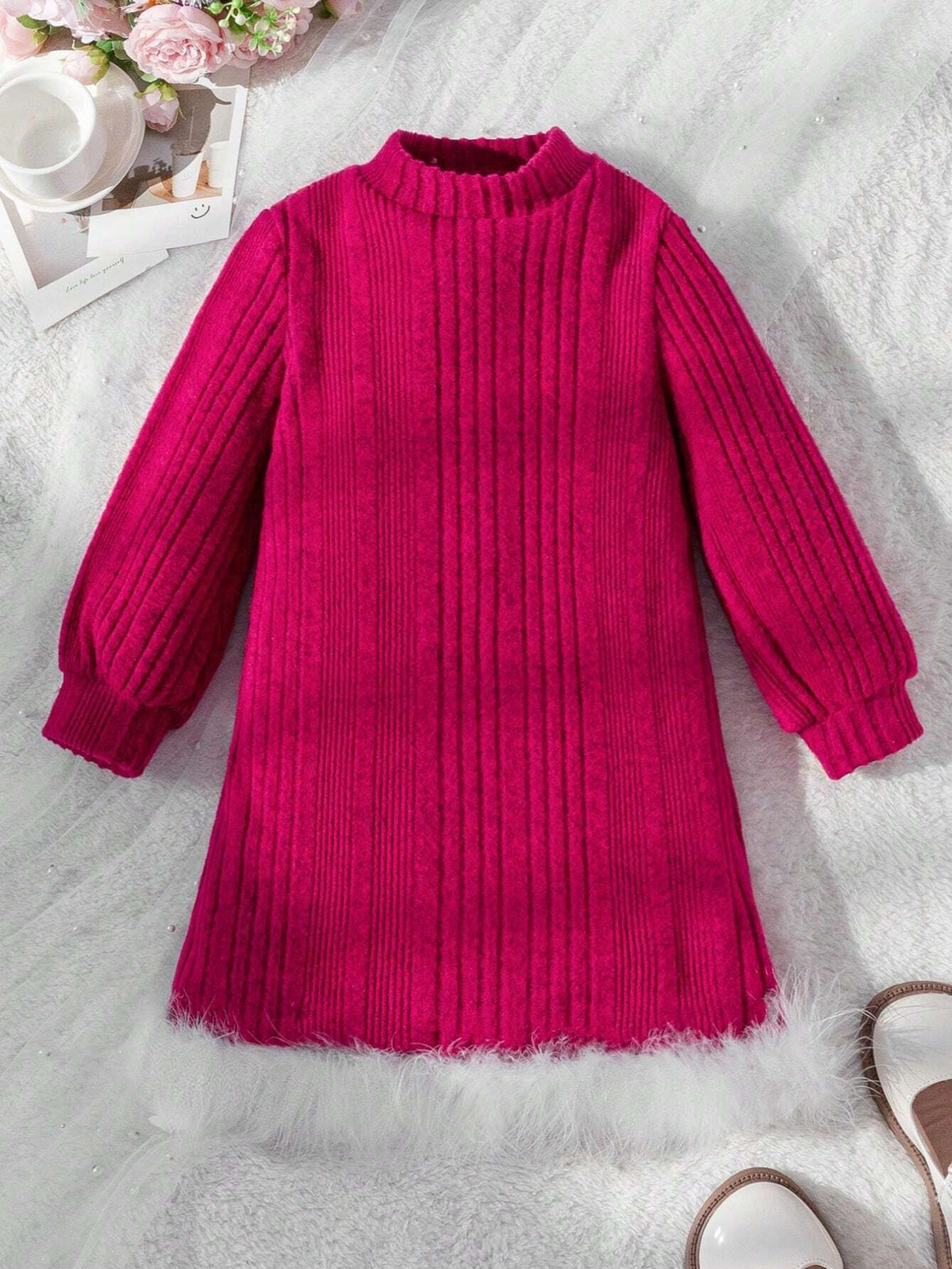 Young Girls Fuchsia Ribbed Texture With Fluffy Trim Casual Dress, Fashionable For Autumn/Winter