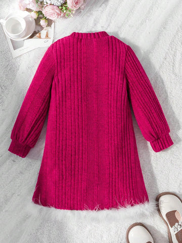 Young Girls Fuchsia Ribbed Texture With Fluffy Trim Casual Dress, Fashionable For Autumn/Winter