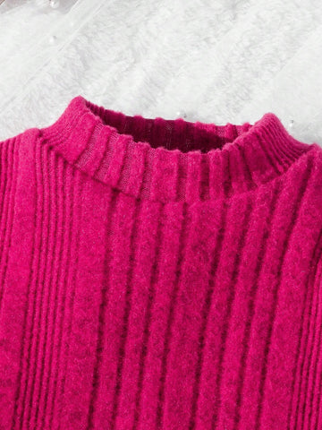 Young Girls Fuchsia Ribbed Texture With Fluffy Trim Casual Dress, Fashionable For Autumn/Winter