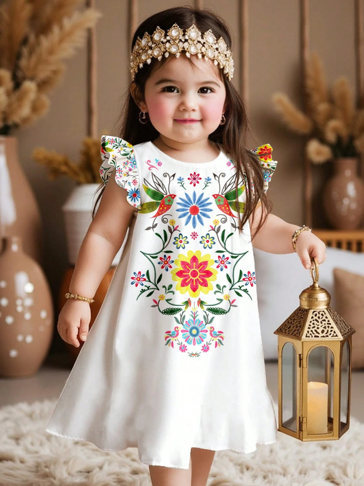 Young Girls Geometric Print, Floral Print Ruffle Hem Casual Summer Dress Suitable For Vacation, Family Dresses