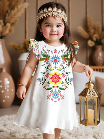 Young Girls Geometric Print, Floral Print Ruffle Hem Casual Summer Dress Suitable For Vacation, Family Dresses