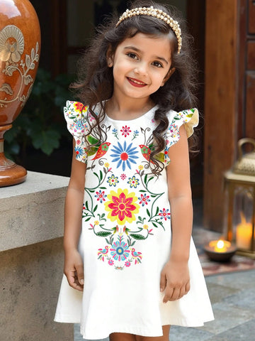 Young Girls Geometric Print, Floral Print Ruffle Hem Casual Summer Dress Suitable For Vacation, Family Dresses