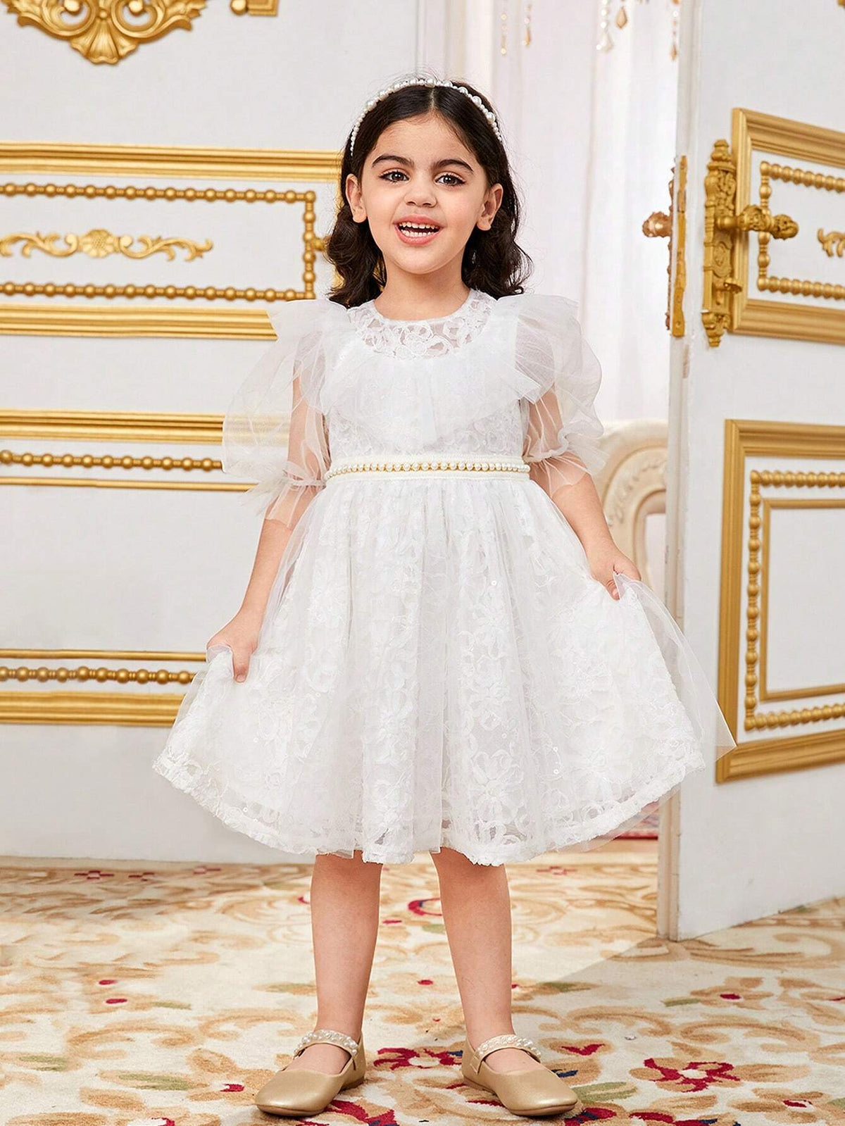 Young Girls' Gorgeous Mesh Round Neck Sheer Ruffle Hem Puff Sleeve Dress