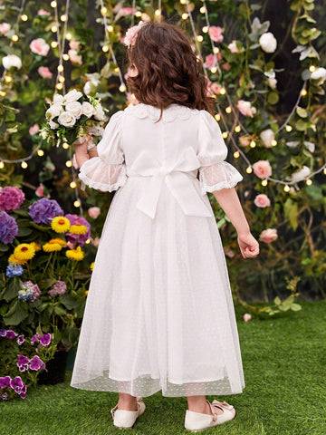 Young Girl's Gorgeous Romantic Lace Embellished Net Yarn Dress With Large Bowknot Back Design