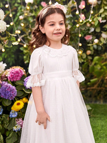 Young Girl's Gorgeous Romantic Lace Embellished Net Yarn Dress With Large Bowknot Back Design