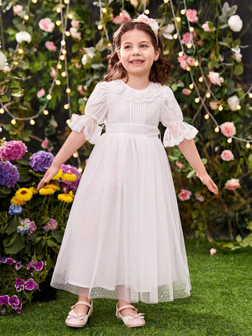 Young Girl's Gorgeous Romantic Lace Embellished Net Yarn Dress With Large Bowknot Back Design